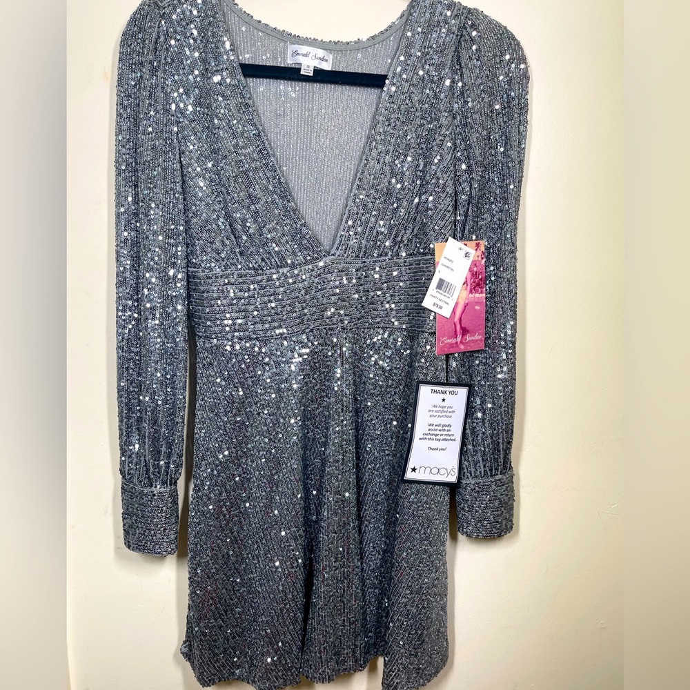 Silver gunmetal long sleeve V neck mini dress
